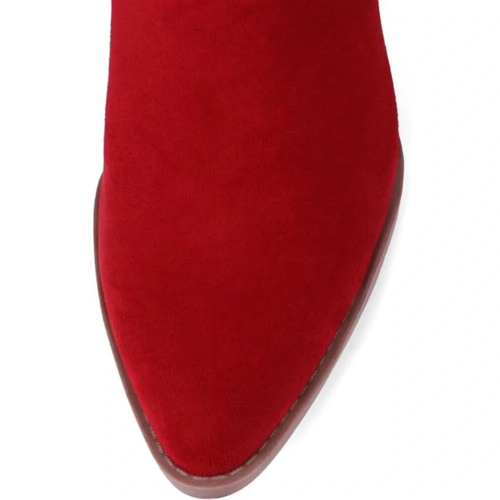 Women Red Suede Mid Calf Chunky Block Heel Western Embroidered Cowgirl Boot - Picture 5 of 8